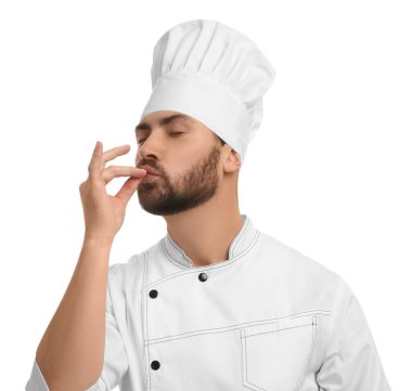 Mature chef showing delicious gesture on white background