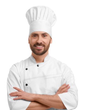 Smiling mature male chef on white background