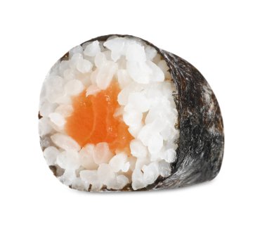 Delicious fresh sushi roll with salmon isolated on white