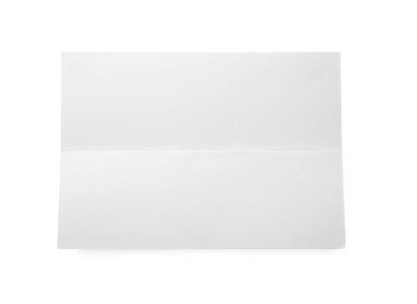 Blank paper sheet with crease isolated on white, top view