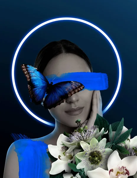 Young Woman Beautiful Flowers Butterfly Dark Blue Background Paint Stroke — Stock fotografie