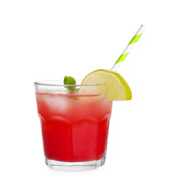 Tasty watermelon drink, lime and mint in glass isolated on white