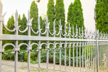Trees behind beautiful iron fence near pathway outdoors