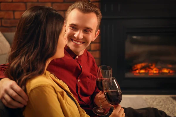 Happy Lovely Couple Glasses Wine Resting Together Fireplace Home — 图库照片