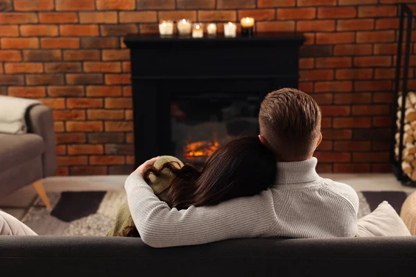 Lovely Couple Spending Time Together Fireplace Home Back View — 图库照片