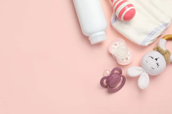 Flat Lay Composition Pacifiers Other Baby Stuff Pink Background Space — Fotografia de Stock