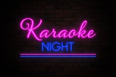 Glowing neon sign with words Karaoke Night on brick wall