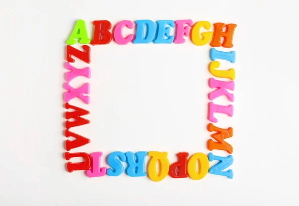 Frame Colorful Magnetic Letters White Background Flat Lay Space Text — Fotografia de Stock