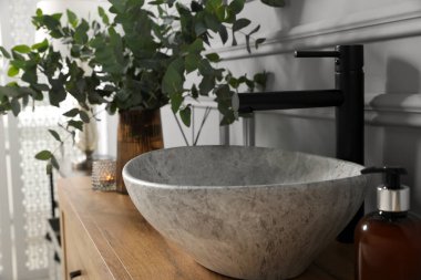 Eucalyptus branches near vessel sink on bathroom vanity. Interior design