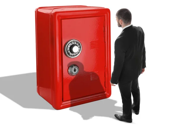 Financial Security Keeping Money Thoughtful Businessman Standing Front Big Red — Foto de Stock