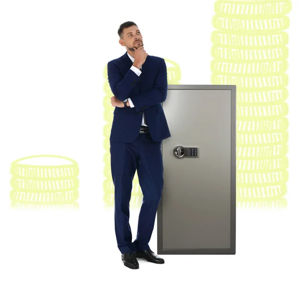 Financial Security Keeping Money Thoughtful Businessman Big Steel Safe Stacked — Foto de Stock
