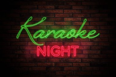 Glowing neon sign with words Karaoke Night on brick wall
