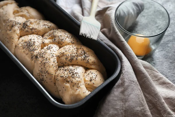 Homemade Braided Bread Ingredients Grey Table Cooking Traditional Shabbat Challah — Photo