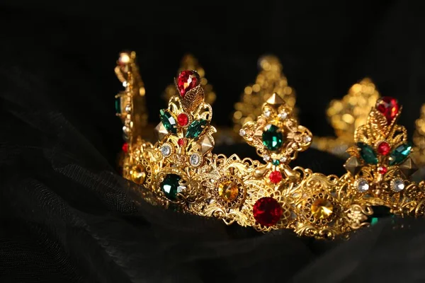 Beautiful Golden Crown Gems Black Cloth Closeup — Fotografia de Stock