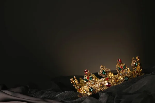 Beautiful Golden Crown Gems Dark Cloth Space Text — 스톡 사진