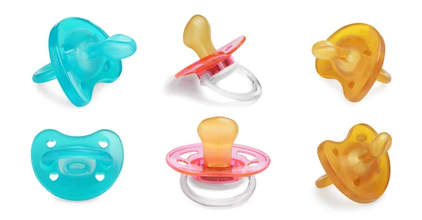 Collage of baby pacifiers on white background, views from different sides