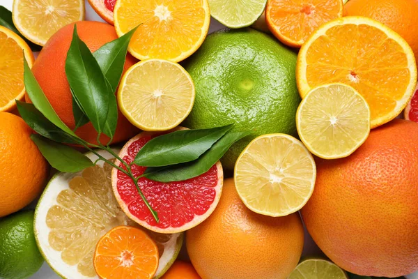 新鮮な葉を背景にしたさまざまな柑橘類 トップビュー — ストック写真