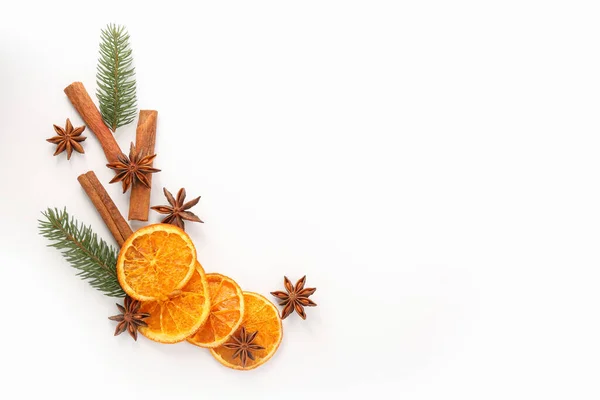 Flat Lay Composition Dry Orange Slices Anise Stars Cinnamon Sticks — Fotografia de Stock
