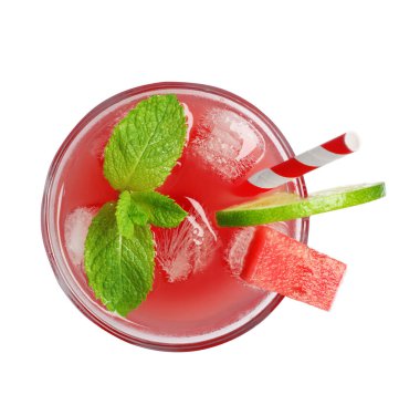 Tasty watermelon drink with slice of lime, mint and ice cubes in glass isolated on white, top view