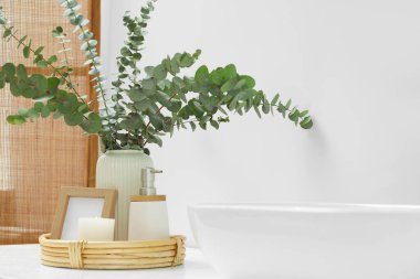 Vase with eucalyptus branches and toiletries near vessel sink in bathroom. Interior design