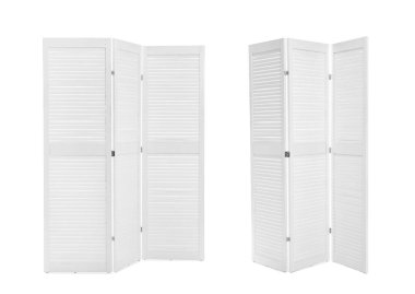 Set with photos of wooden room divider screen on white background