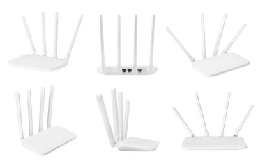 Modern Wi-Fi router on white background, view from different sides