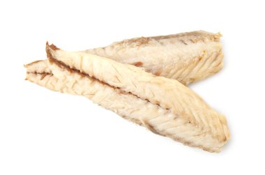 Canned mackerel fillets on white background, top view