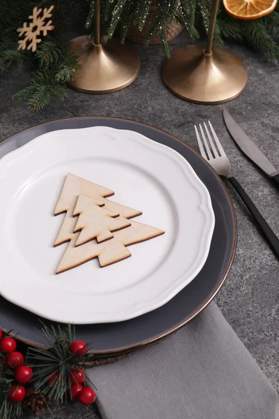 Festive Place Setting Beautiful Dishware Cutlery Decorative Tree Christmas Dinner — Fotografia de Stock