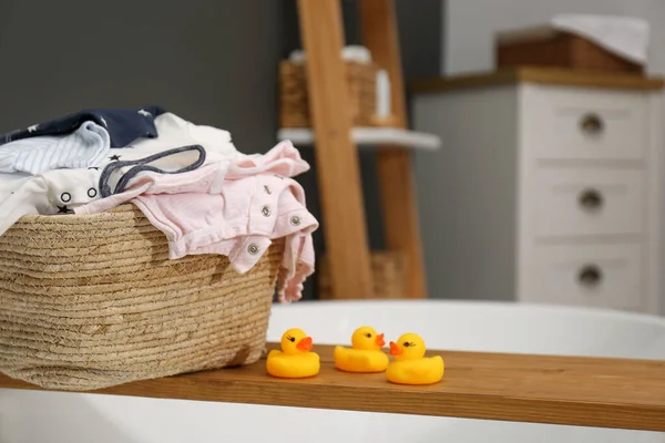 Laundry Basket Baby Clothes Tub Tray Bathroom Closeup Space Text — 스톡 사진