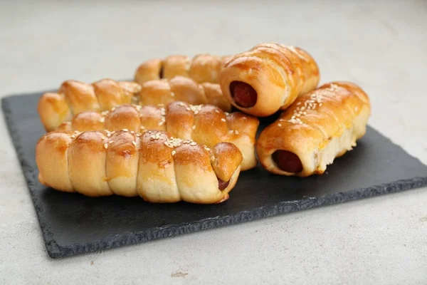 Serving Board Delicious Sausage Rolls Beige Table Closeup — Photo