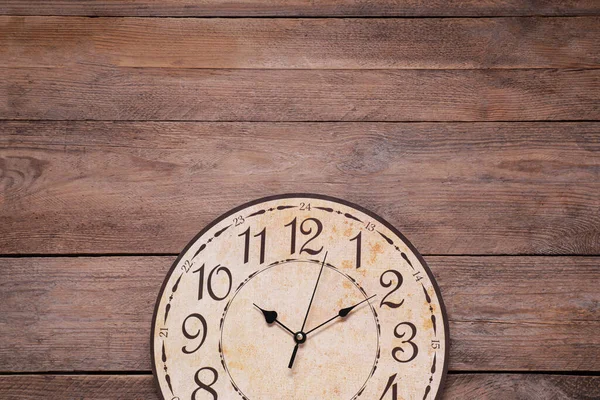 Stylish Clock Wooden Table Top View Space Text Interior Element — Stock Fotó