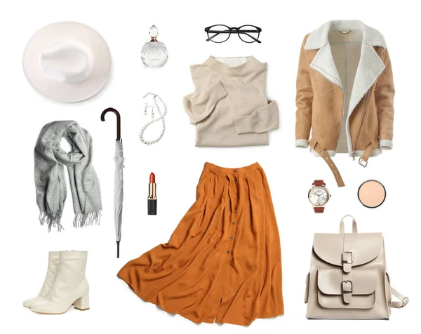 Collage Different Clothes Cosmetics Accessories Stylish Look White Background Fall — Fotografia de Stock