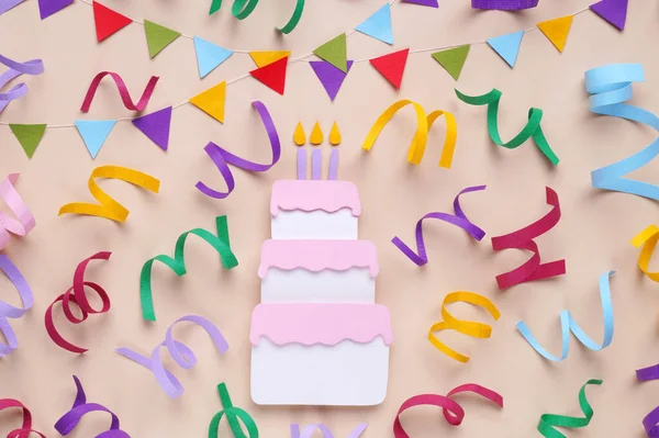 Birthday party. Paper birthday cake and confetti on beige background, flat lay