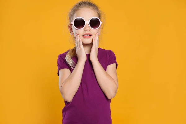 Emotional Girl Stylish Sunglasses Orange Background — 스톡 사진
