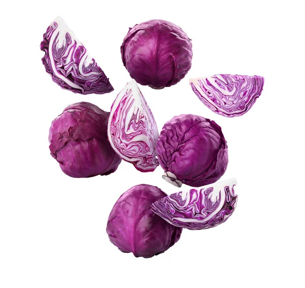 Delicious Raw Red Cabbages Flying White Background — Stockfoto