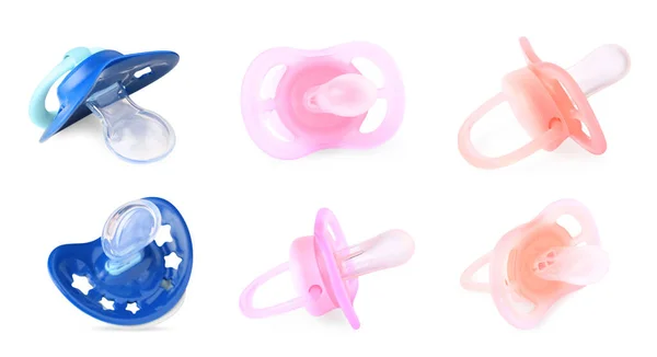 Collage of baby pacifiers on white background, views from different sides