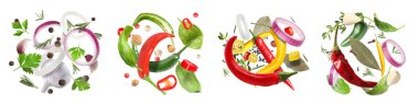 Collage with many different spices falling on white background