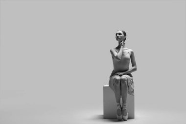 Young ballerina practicing dance moves on cube, space for text. Black and white effect