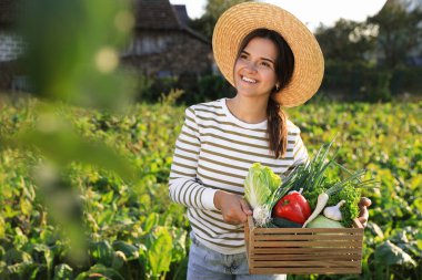 Woman with crate of different fresh ripe vegetables on farm