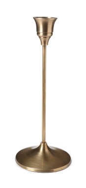 Beyaza izole edilmiş eski bir metal şamdan.