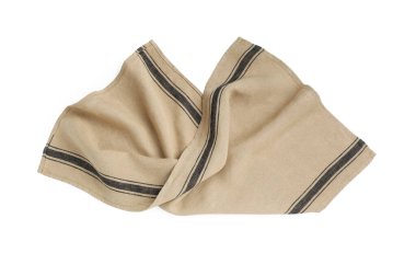 Beige cloth napkin with stripes isolated on white, top view
