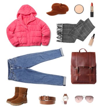 Collage with different clothes, cosmetics and accessories for stylish look on white background. Fall-winter fashion