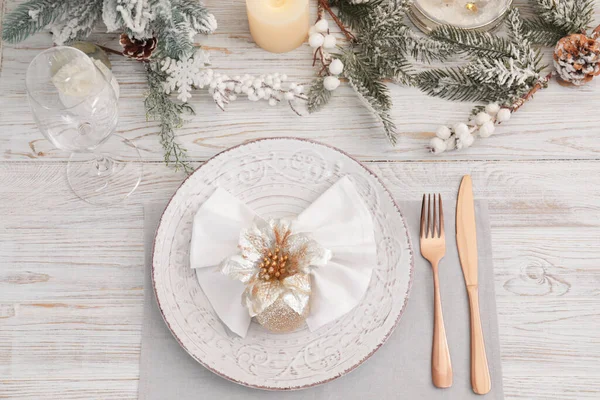 Festive Place Setting Beautiful Dishware Cutlery Decor Christmas Dinner White — Fotografia de Stock