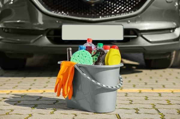 Car Cleaning Products Bucket Automobile Outdoors Sunny Day —  Fotos de Stock
