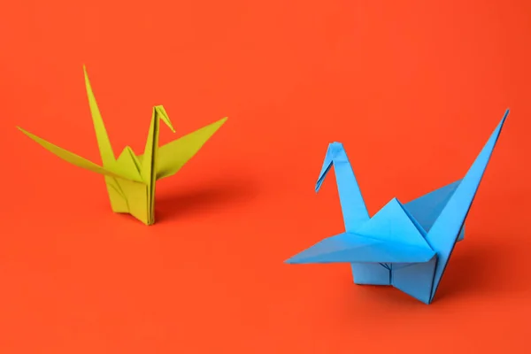 Origami Art Colorful Handmade Paper Cranes Orange Background — Stockfoto