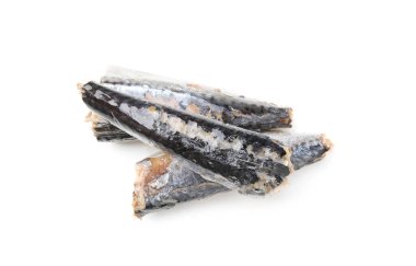 Delicious canned mackerel fillets on white background, top view