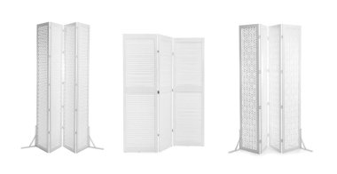 Set with different wooden folding screens on white background
