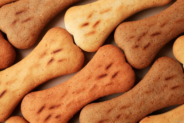Bone shaped dog cookies as background, top view