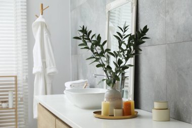Beautiful plant in vase and burning candles near vessel sink and mirror on bathroom vanity