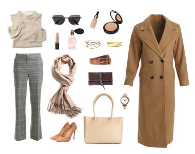Collage with different clothes, cosmetics and accessories for stylish look on white background. Fall-winter fashion